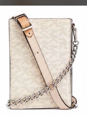 Michael Kors Cream Beige Logo Crossbody Phone Bag with Silver Chain